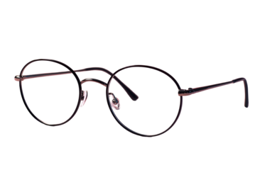 A close-up view shows a pair of wire-rimmed eyeglasses with round lenses against a dark background