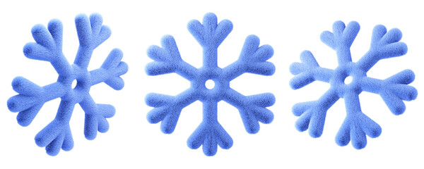 Winter Furry snowflakes set. Isolated 3d design element, climate icon for forecast or meteorology. Winter holidays design for Xmas and New Year card, poster, banner etc.