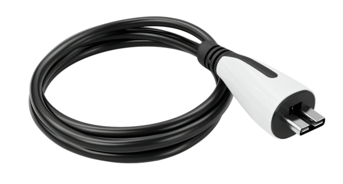 A black cable coiled, connected to a white and black charger end with two prongs extending