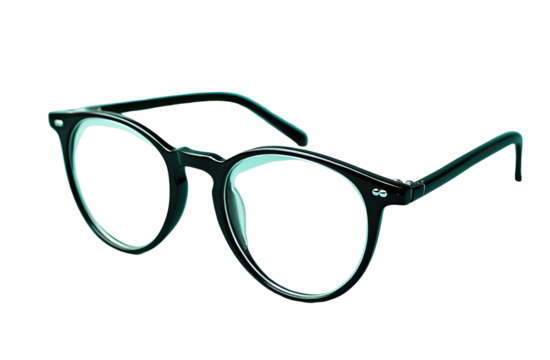 Optical eyewear, black frame, rounded lenses, modern design, product shot, isolated on black - Powered by Adobe