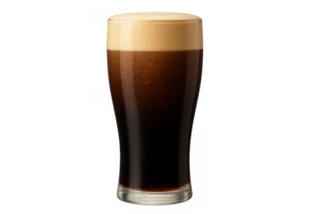Dark beer stout or porter in a pint glass creating a rich beige foam, refreshing alcoholic drink on transparent background
