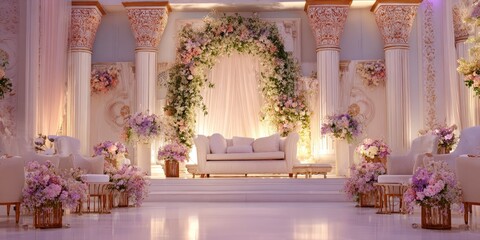 Elegant wedding venue adorned with pastel pink and white floral arrangements, draped with sheer fabrics, and featuring a grand archway
