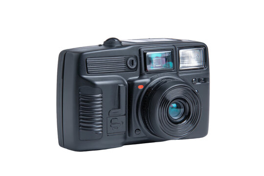 A front view close-up of a black vintage point-and-shoot film camera isolated on black - Powered by Adobe