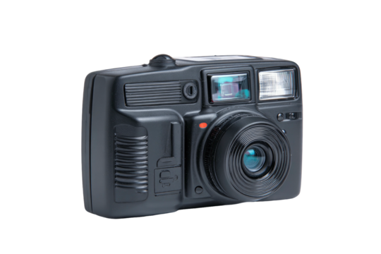 A front view close-up of a black vintage point-and-shoot film camera isolated on black
