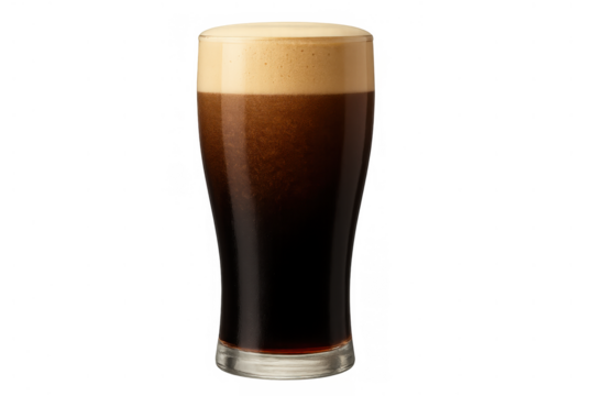 Dark beer stout or porter in a pint glass creating a rich beige foam, refreshing alcoholic drink on transparent background