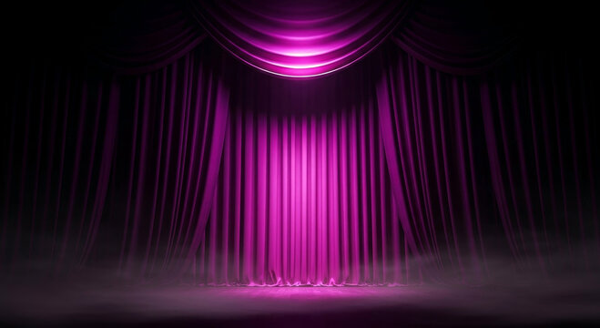 An empty theater stage with dramatic purple curtains illuminated by a bright spotlight from above, with mysterious fog on the floor.