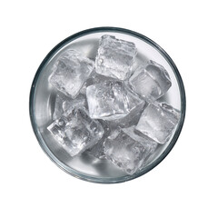 Overhead view of a clear glass containing numerous translucent, crystalline ice cubes
