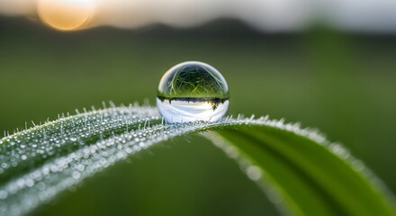 A water droplet on a green leaf reflecting grass and sky in a macro shot with a blurred background
