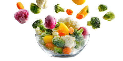 Fresh, diverse, vibrant assortment of vegetables cascading into a clear glass bowl