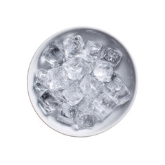 Overhead shot of a white bowl filled with transparent, square-shaped ice cubes on a black background