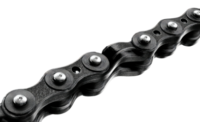 Close-up shot of a bicycle chain, highlighting its metallic links and intricate design against black background