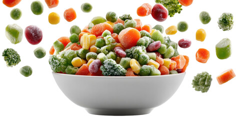 A white bowl overflows with a colorful assortment of frozen vegetables on a dark background