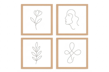 Abstract line art frames with human face, flower, leaf symbols