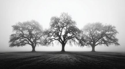 Naklejka premium Three silhouetted oak trees in a misty field