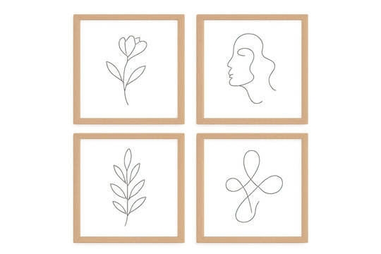 Abstract line art frames with human face, flower, leaf symbols