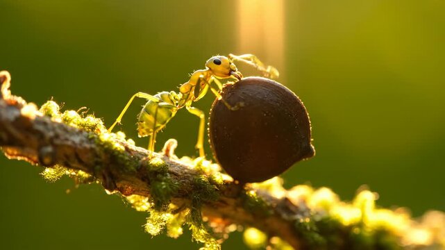 Golden Ant Carrying Brown Seed on Mossy Twig Macro Shot with Blurred Green Background in Sunlight