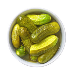 Overhead view of a white bowl filled with crisp, vibrant green pickled cucumbers in brine