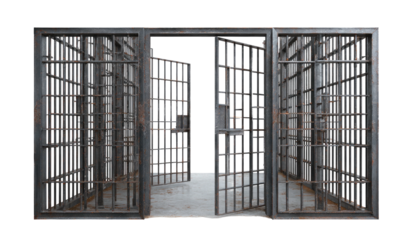 An eerie, dark, open-door jail cell scene. Weathered iron bars and stone floors add to the unsettling atmosphere