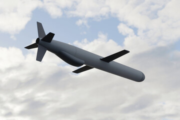 Tomahawk cruise missile flying in a cloudy sky. Concept for military technology, modern warfare, and aerospace defense.