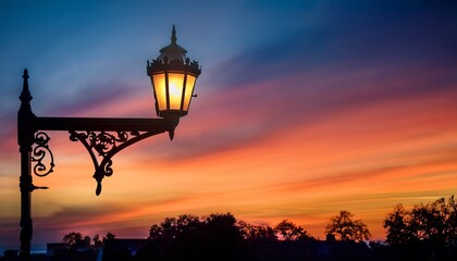 illuminated street lamp at dusk with colorful sky