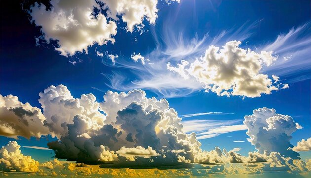 A vast expanse of deep blue sky is filled with a variety of clouds, including large, fluffy cumulus formations and wispy cirrus clouds, illuminated by sunlight. - Powered by Adobe