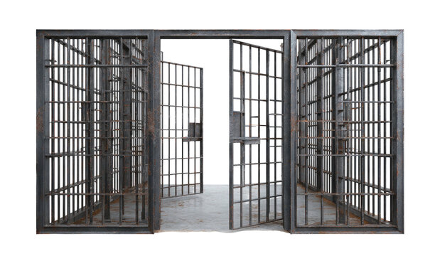 An eerie, dark, open-door jail cell scene. Weathered iron bars and stone floors add to the unsettling atmosphere