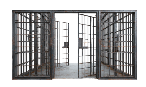 An eerie, dark, open-door jail cell scene. Weathered iron bars and stone floors add to the unsettling atmosphere