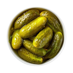 Overhead shot reveals a white bowl overflowing with vibrant, pickled cucumbers. Close-up captures textures and detail