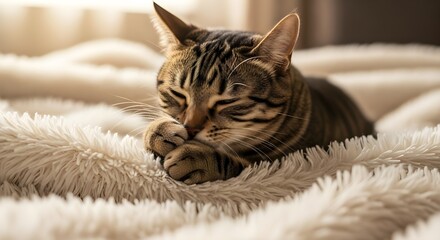 Close up portrait of a sweet tabby cat or kitten with white fur sleeping or lying on the floor or bed, on an incredibly soft, fluffy blanket, eyes closed in bliss,   national catlover's month