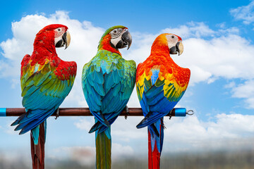 Colorful macaw parrots, beautiful bird, macaw perched. Species Ara ararauna also know as Arara Canide. It is the largest South American parrot. Birdwatching. Bird lover. exotic pet.