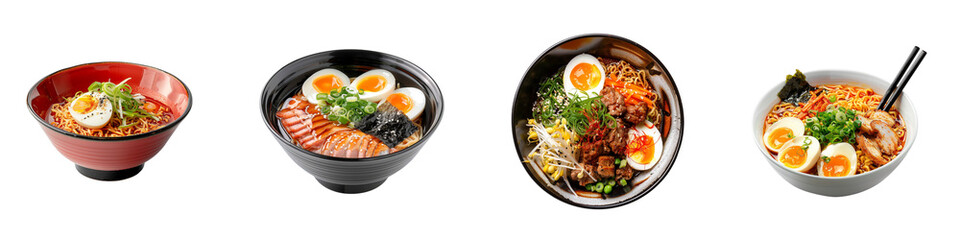 Fototapeta premium Ramen bowls with various toppings including eggs, pork, seaweed green onions