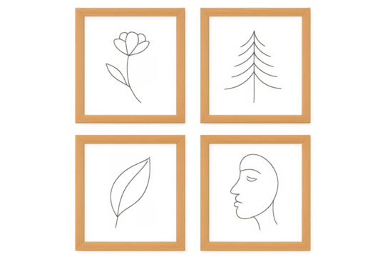 Wood frames holding minimalist line art illustrations transparent background