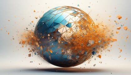 abstract sphere exploding into small particles on white background