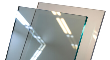Panels of tempered clear float glass cut to specification in  white background. 