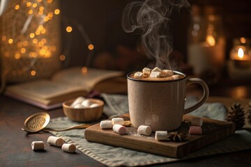 Steaming mug of hot cocoa with marshmallows on a wooden board