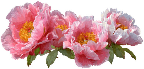 A delicate, detailed illustration of a bouquet of pink flowers with yellow centers and green leaves