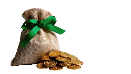 A burlap sack tied with a green ribbon, spilling gold coins onto a black background