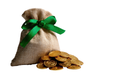 A burlap sack tied with a green ribbon, spilling gold coins onto a black background