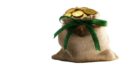 A burlap sack overflowing with golden coins, secured with a vibrant green ribbon on a black background