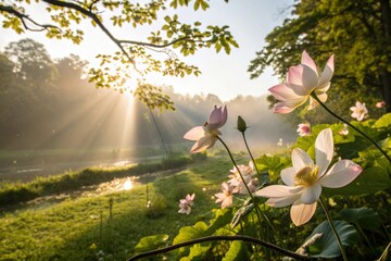 Sunlit Lotus Flowers Blooming in a Peaceful Nature Scene