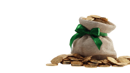 A burlap sack tied with green ribbon, spilling golden coins. Background Black