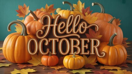 Hello october pumpkins and autumn leaves celebration greeting