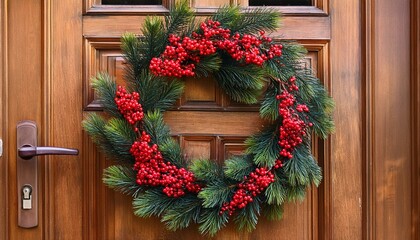 a fir wreath of red berries is hanging on a door