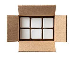 Overhead view of an open cardboard box containing six square white objects, neatly arranged