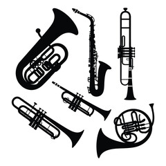 Silhouettes of various brass and woodwind musical instruments