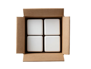 Overhead shot of a cardboard box filled with four white, evenly spaced, square containers