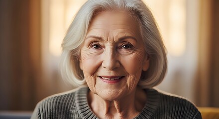 Close up portrait of a smiling elderly woman with gray hair and a gray sweater indoors at daytime