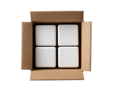 Overhead shot of a cardboard box filled with four white, evenly spaced, square containers