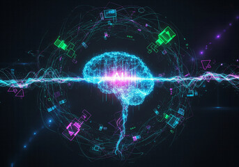 AI brain concept with data flow symbolizing innovation and future