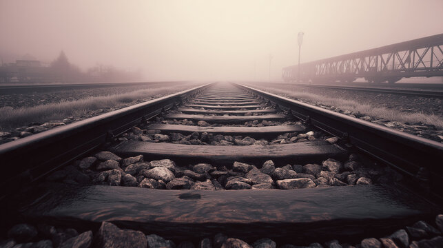 A richly detailed view of morning mist unveiling: tracks beneath a suspenseful train crossing, as sunrise nears with an mgm-157 shrouded by fog